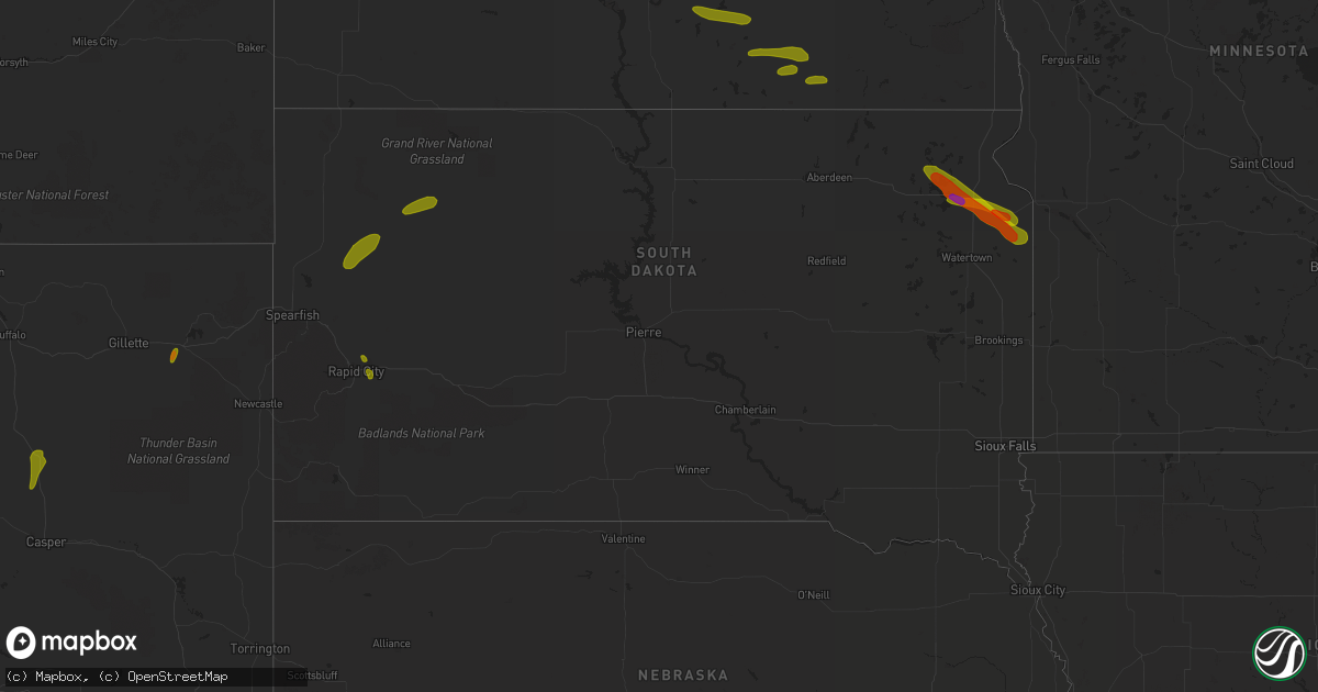 Hail map in South Dakota on July 9, 2018