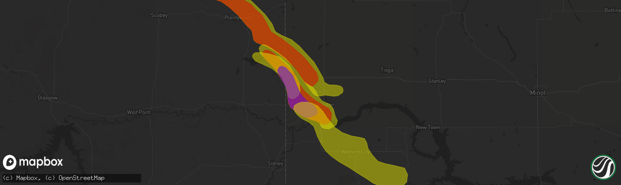 Hail map in Williston, ND on July 9, 2018