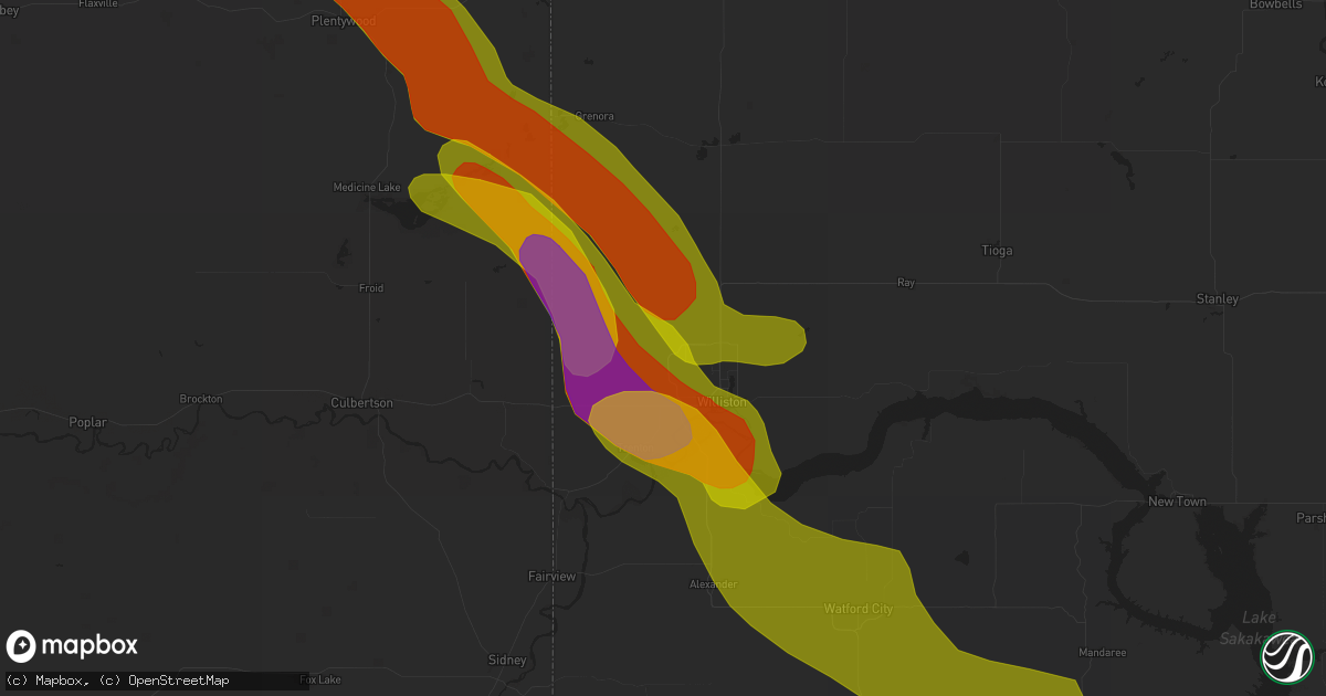 Hail map in Williston, ND on July 9, 2018
