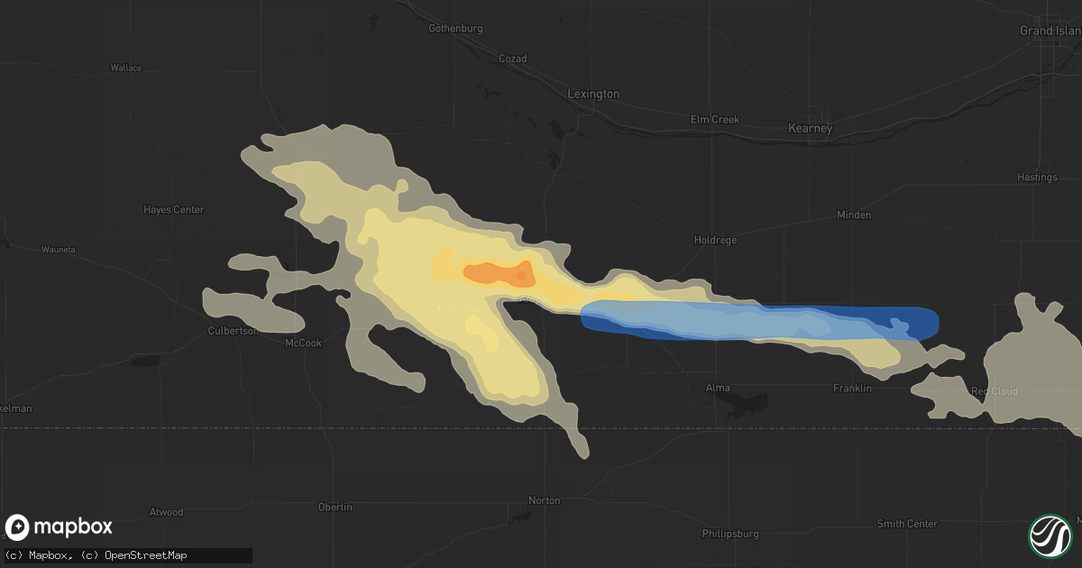 Hail map in Arapahoe, NE on July 9, 2019