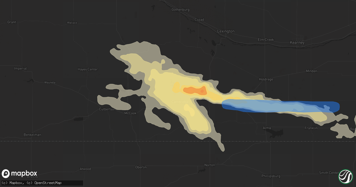 Hail map in Cambridge, NE on July 9, 2019