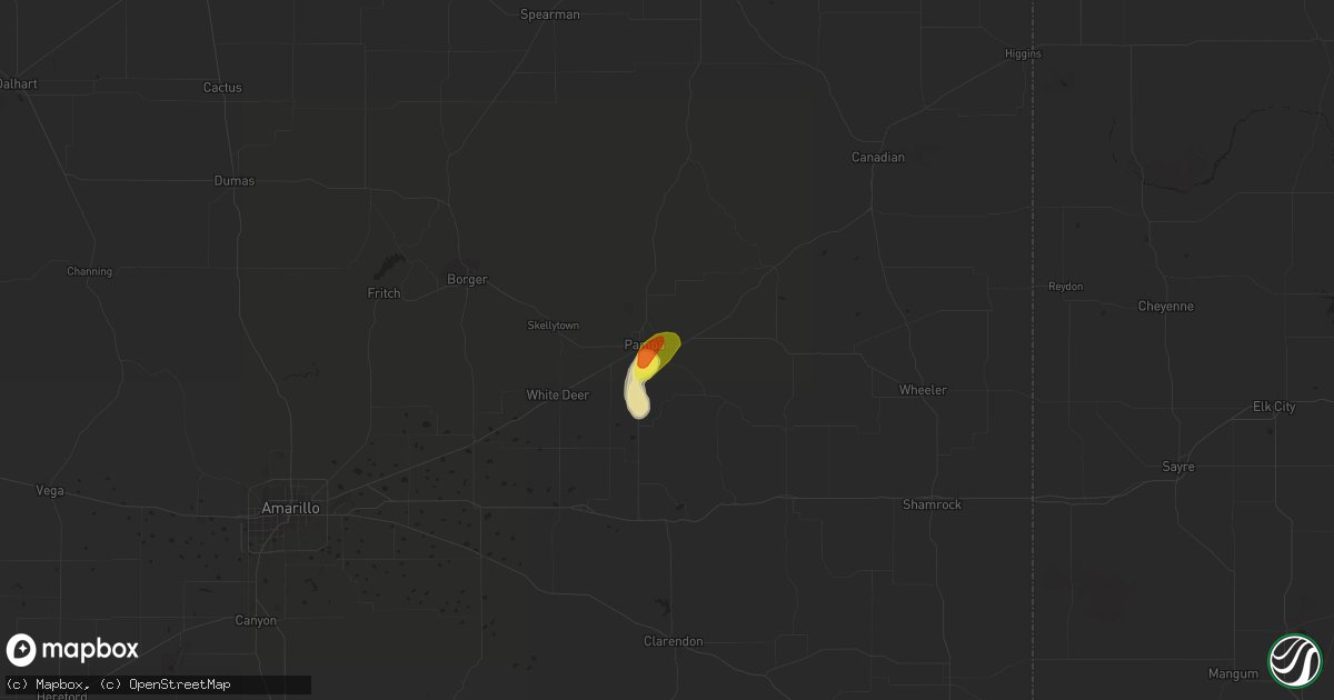 Hail map in Pampa, TX on July 9, 2019