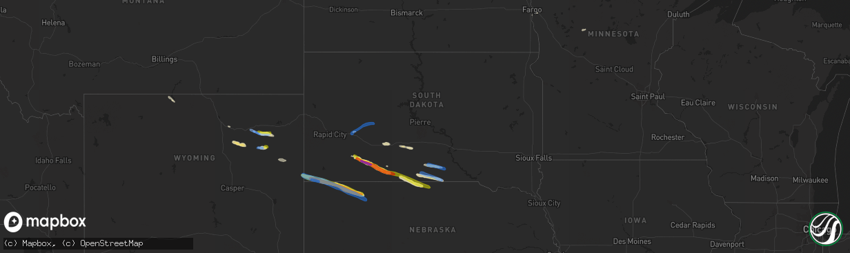 Hail map in South Dakota on July 9, 2019