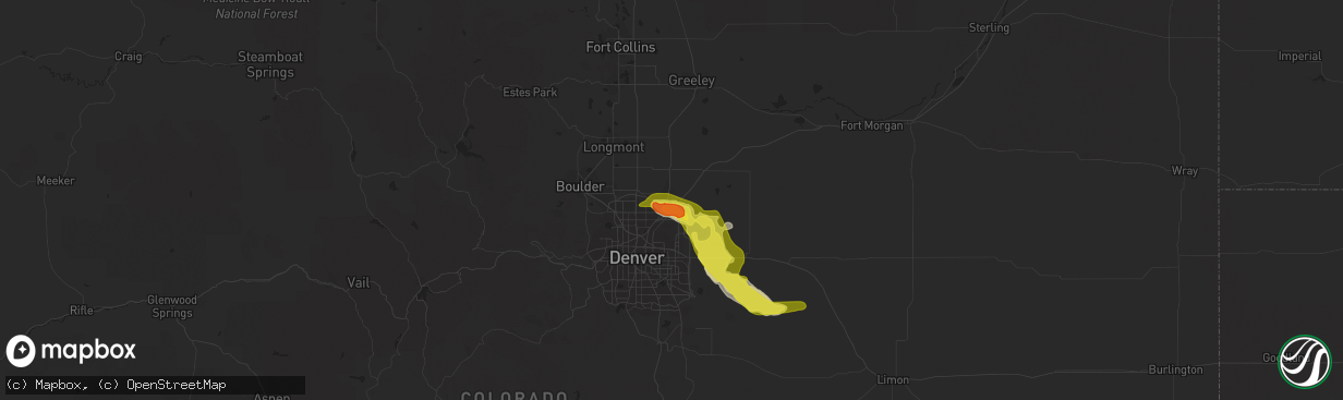 Hail map in Brighton, CO on July 9, 2020