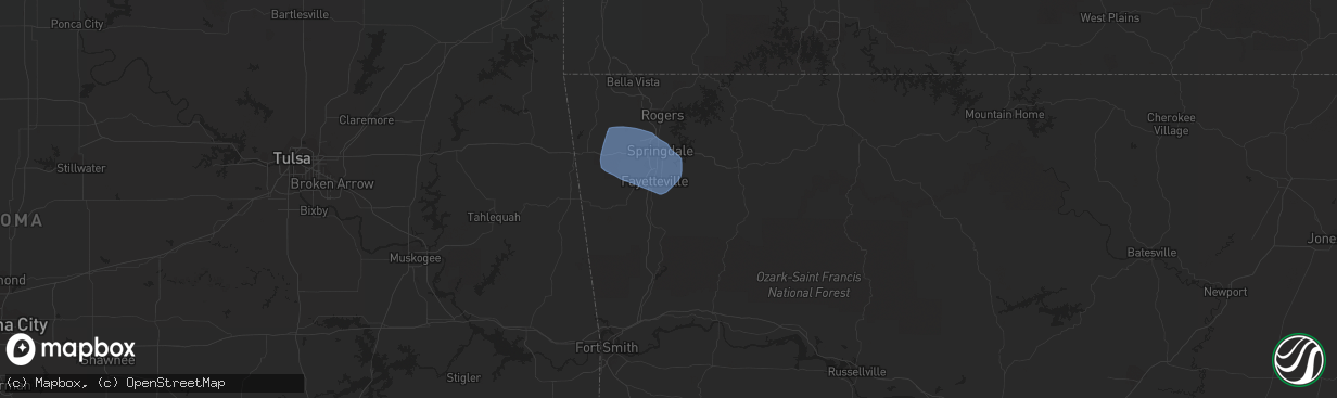 Hail map in Fayetteville, AR on July 9, 2020