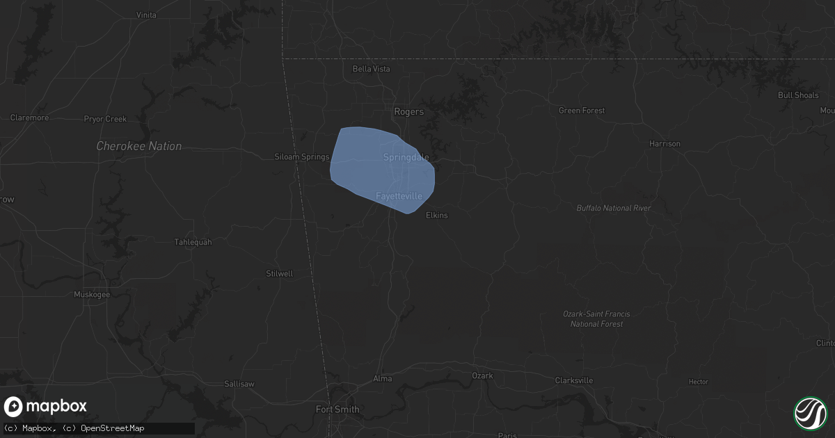 Hail map in Fayetteville, AR on July 9, 2020