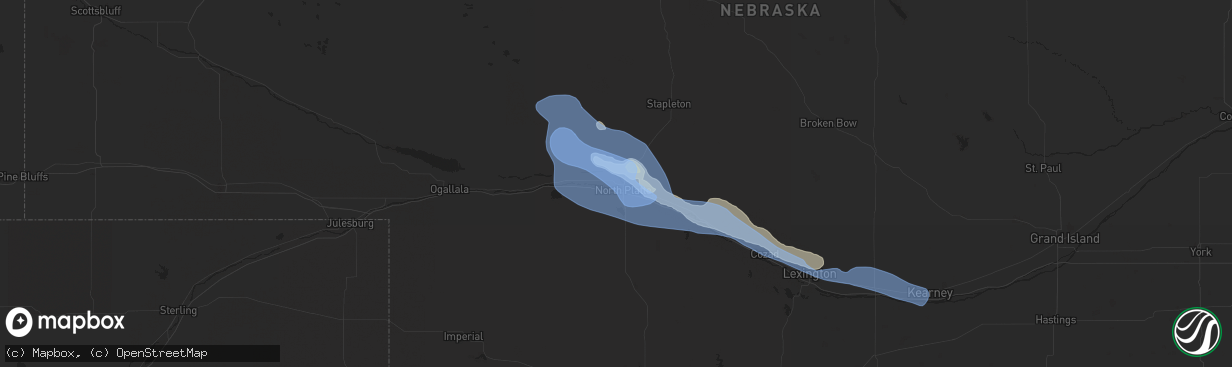 Hail map in North Platte, NE on July 9, 2020