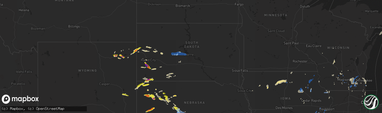 Hail map in South Dakota on July 9, 2020