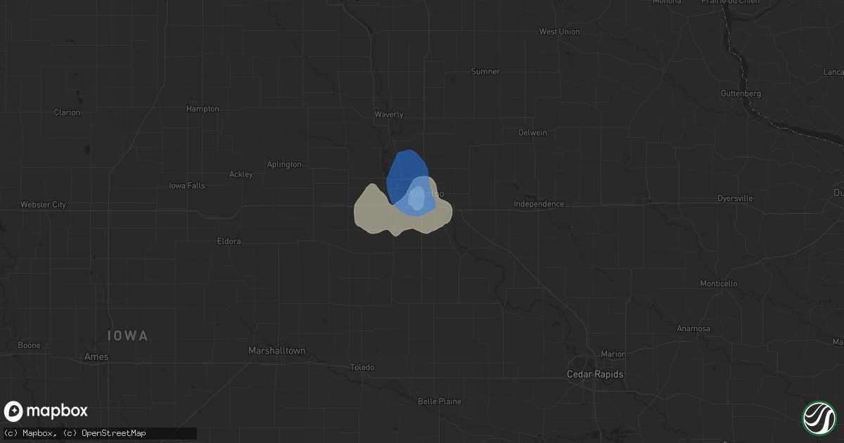 Hail map in Waterloo, IA on July 9, 2020