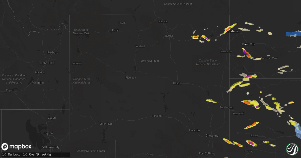 Hail map in Wyoming on July 9, 2020