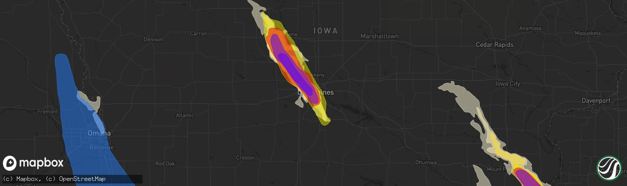 Hail map in Des Moines, IA on July 9, 2021