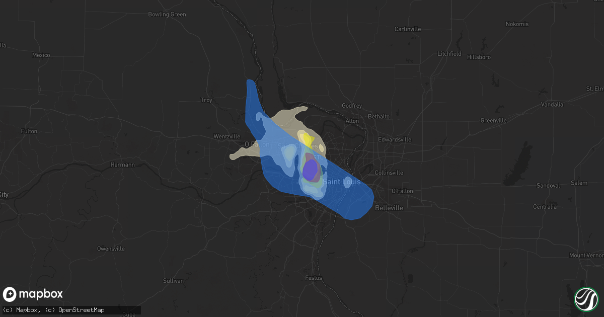 Hail map in Maryland Heights, MO on July 9, 2021