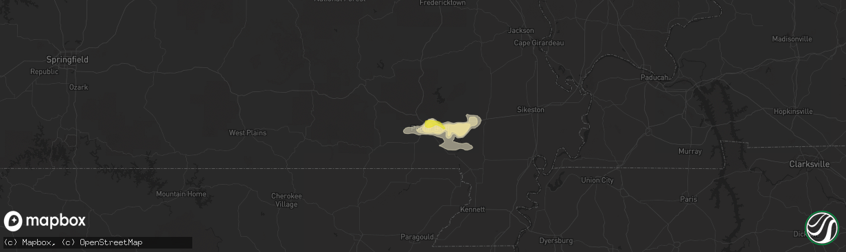 Hail map in Poplar Bluff, MO on July 9, 2021