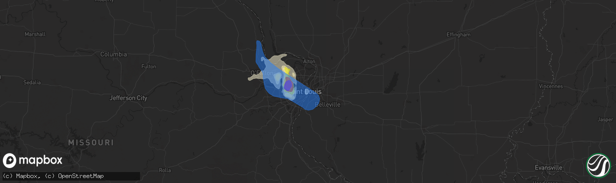 Hail map in Saint Louis, MO on July 9, 2021