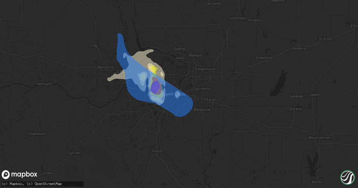 Hail map in Saint Louis, MO on July 9, 2021