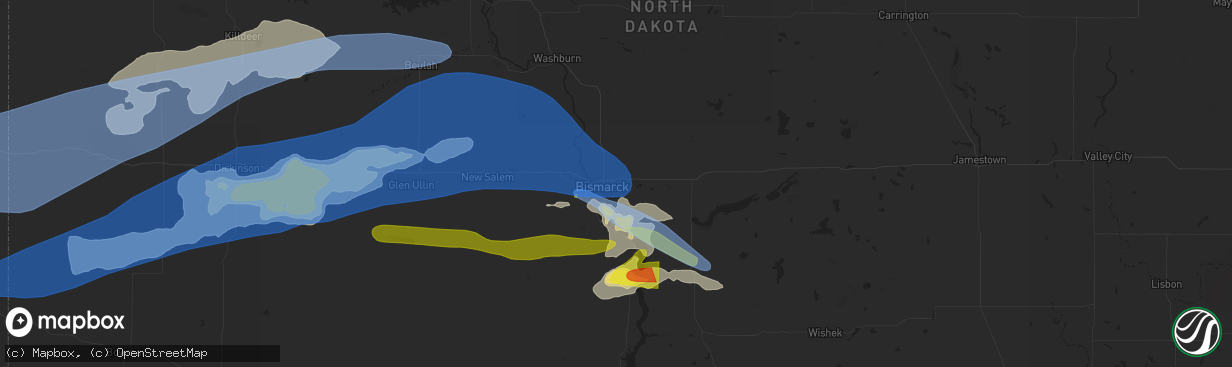Hail map in Bismarck, ND on July 9, 2022