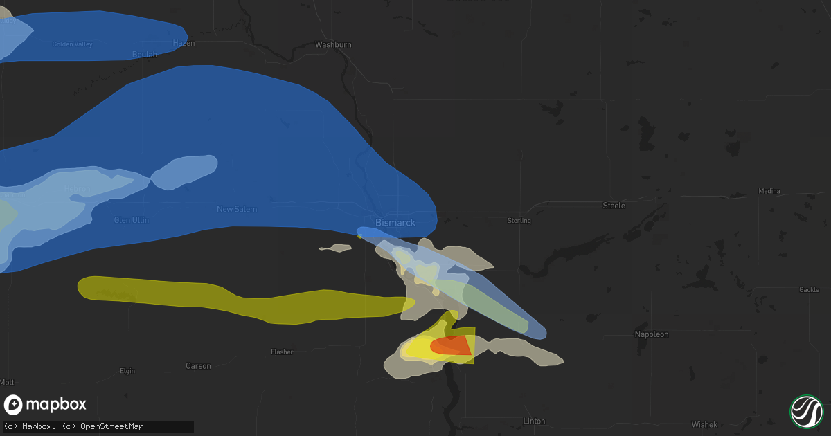 Hail map in Bismarck, ND on July 9, 2022