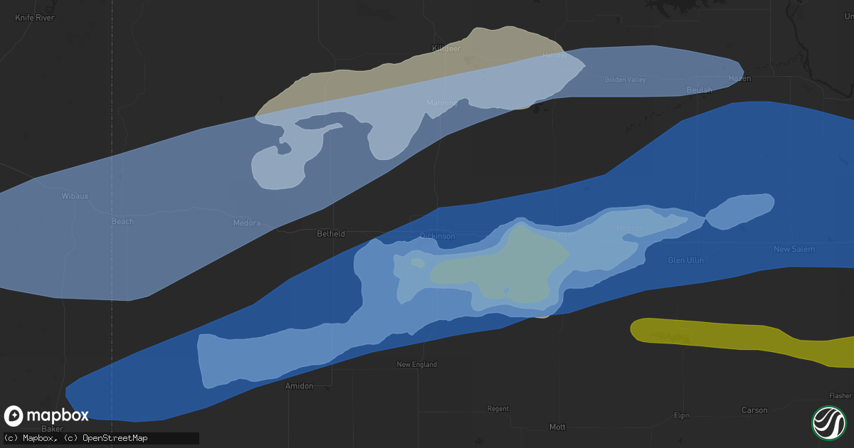 Hail map in Dickinson, ND on July 9, 2022