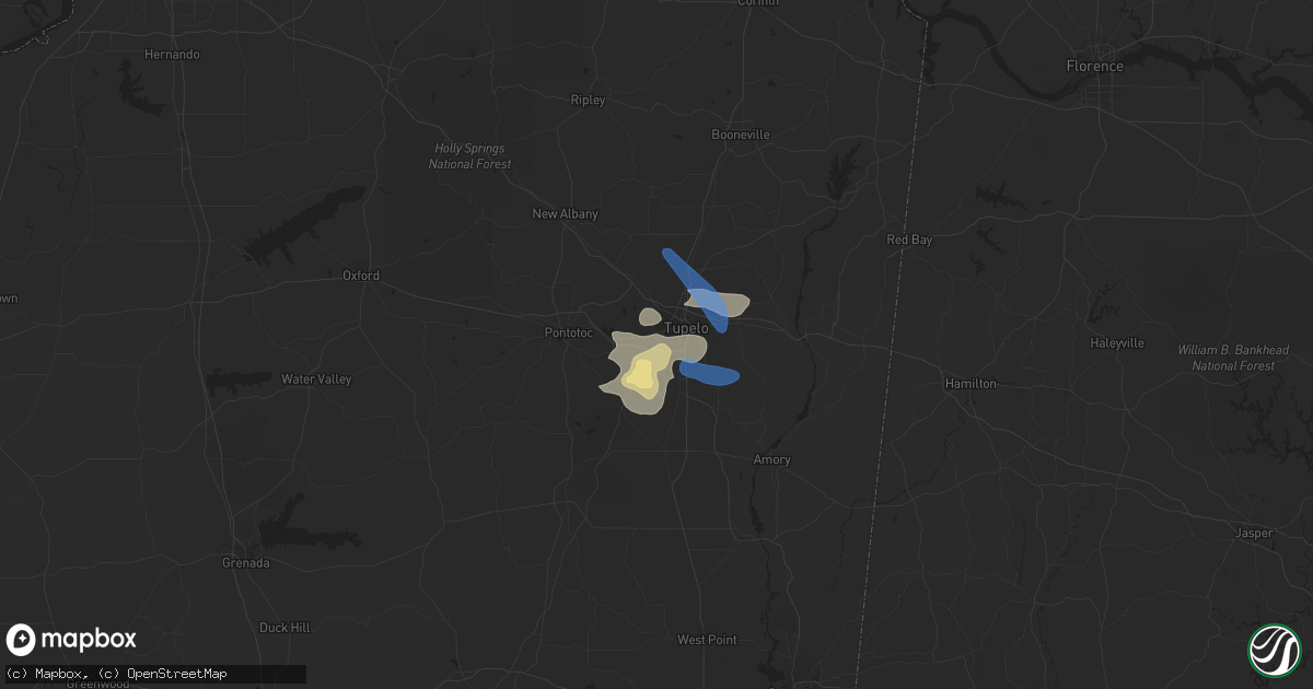 Hail map in Tupelo, MS on July 9, 2022