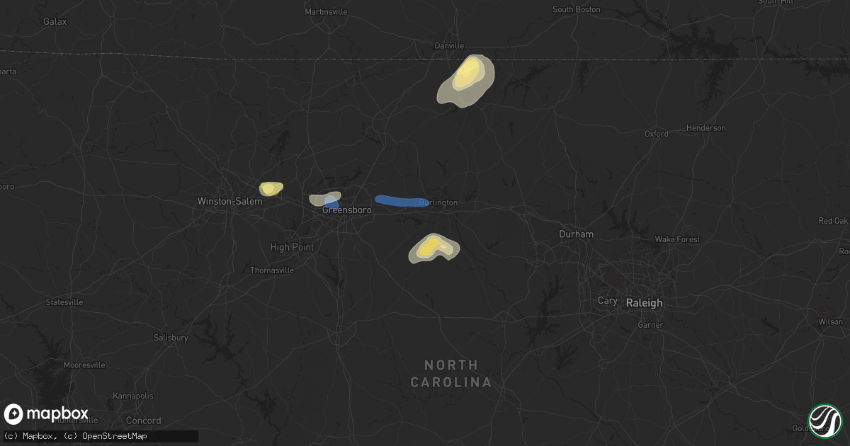 Hail map in Burlington, NC on July 9, 2023