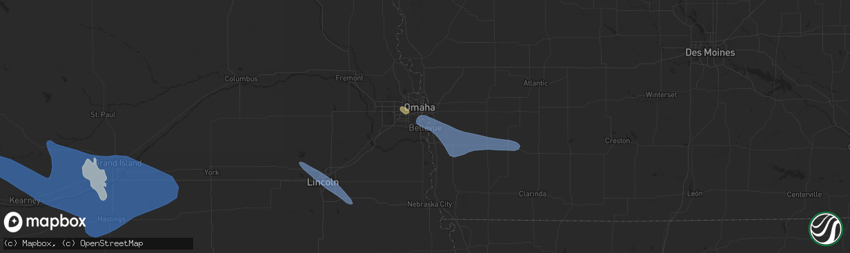 Hail map in Bellevue, NE on July 9, 2025
