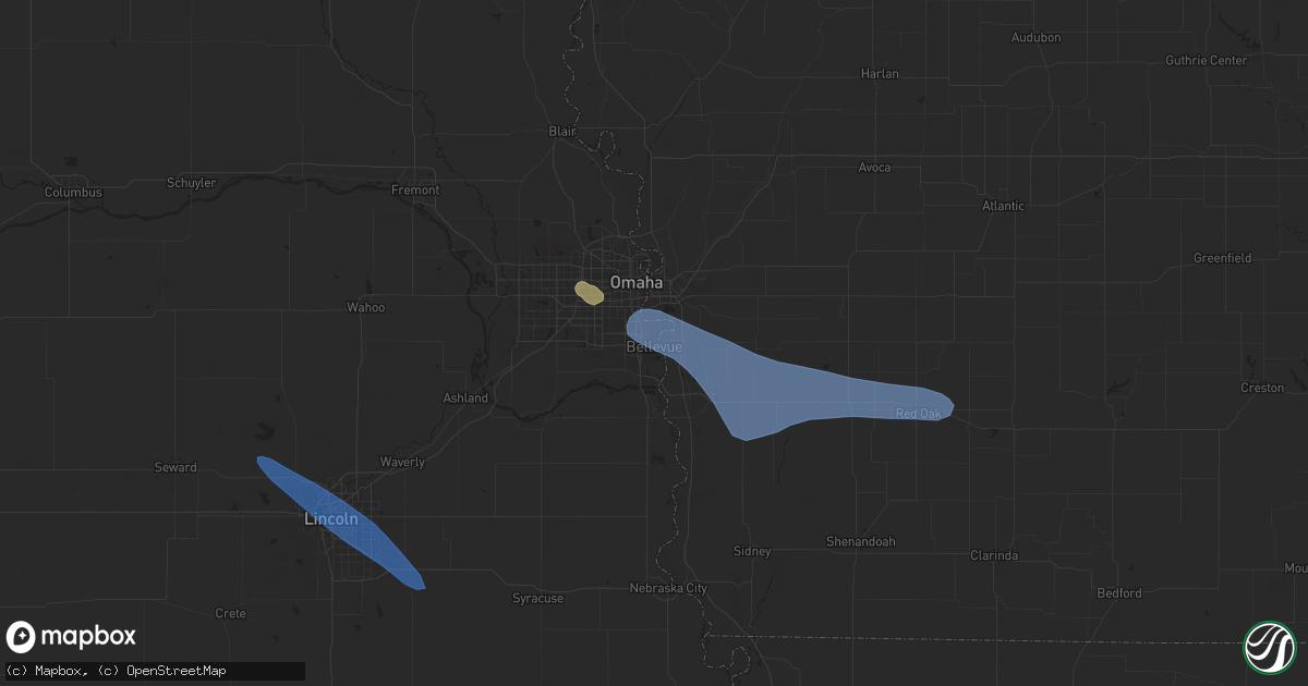 Hail map in Bellevue, NE on July 9, 2025