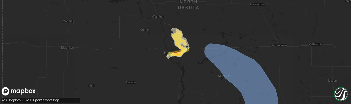 Hail map in Bismarck, ND on July 9, 2025