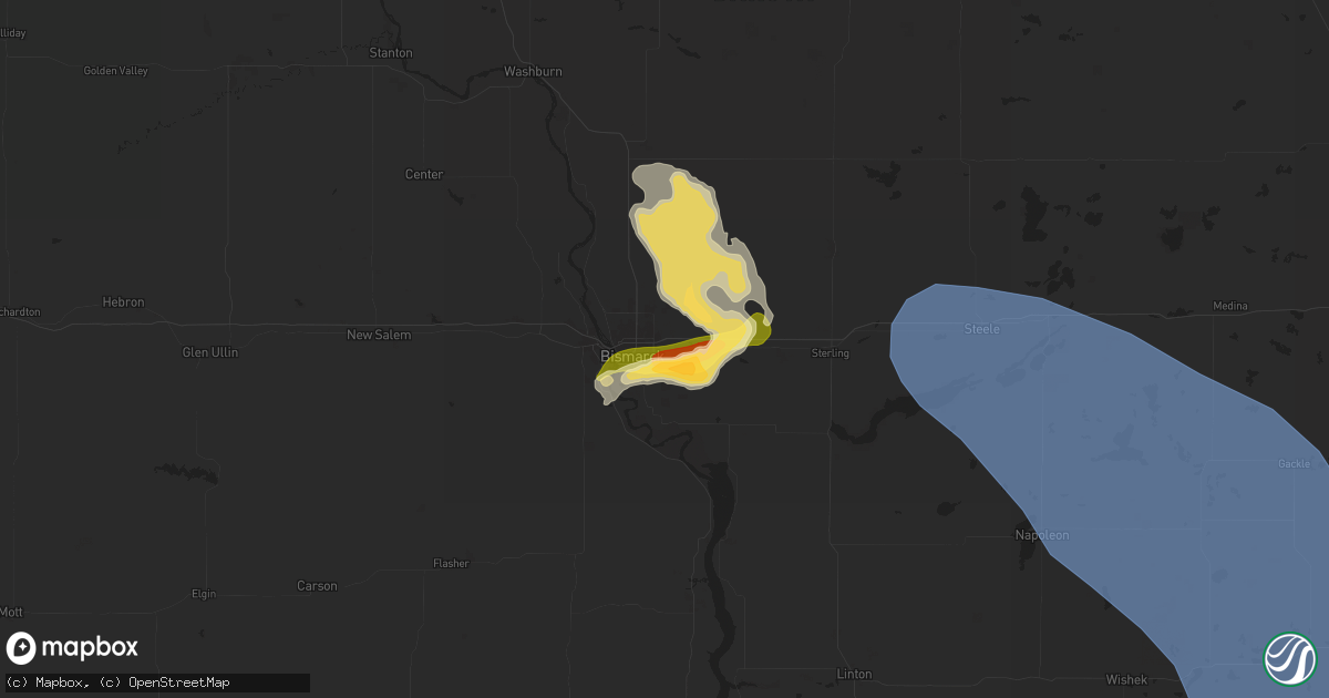Hail map in Bismarck, ND on July 9, 2025