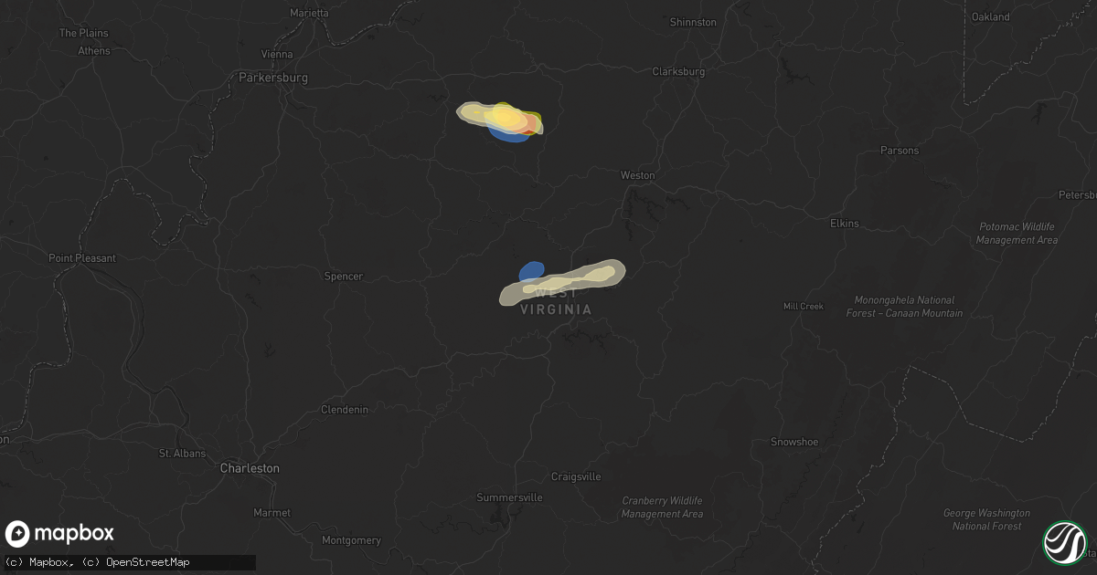 Hail map in Exchange, WV on July 9, 2025