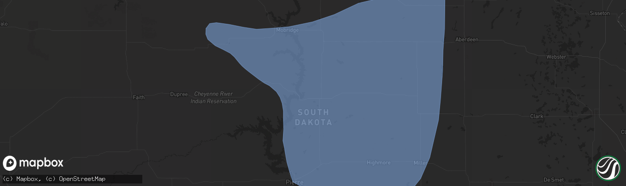 Hail map in Gettysburg, SD on July 9, 2025