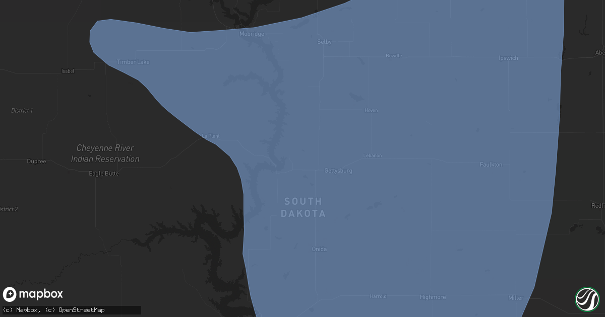 Hail map in Gettysburg, SD on July 9, 2025