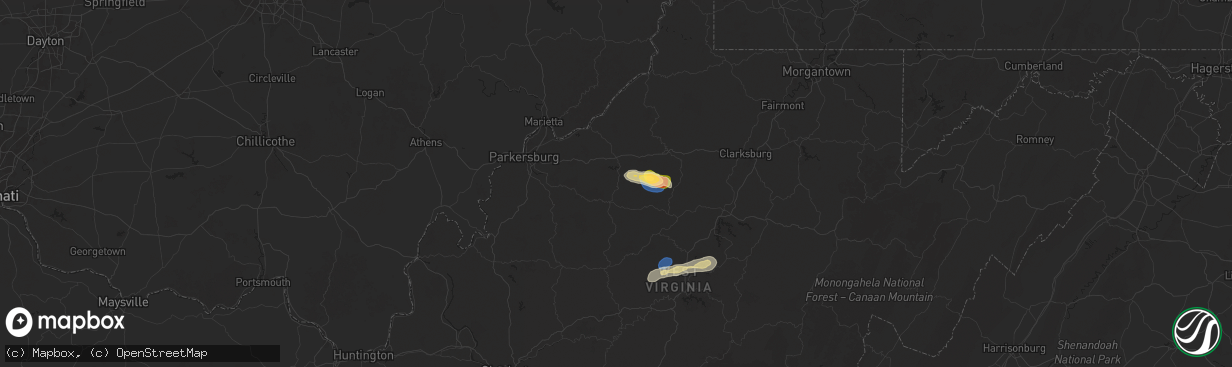 Hail map in Harrisville, WV on July 9, 2025