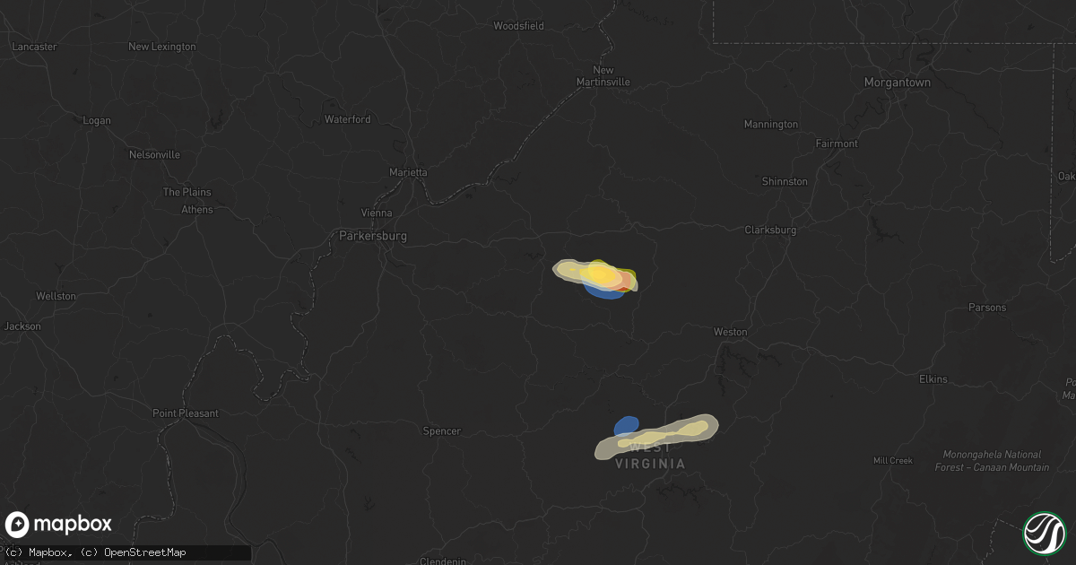 Hail map in Harrisville, WV on July 9, 2025