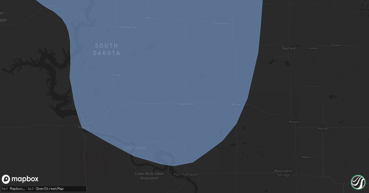 Hail map in Highmore, SD on July 9, 2025