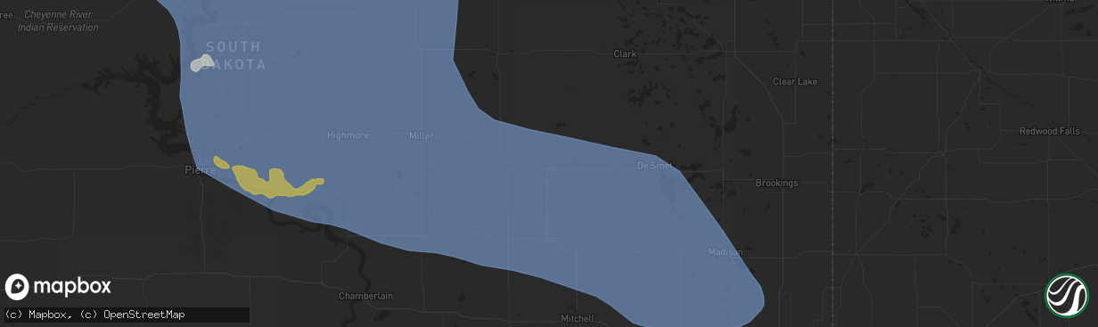 Hail map in Huron, SD on July 9, 2025