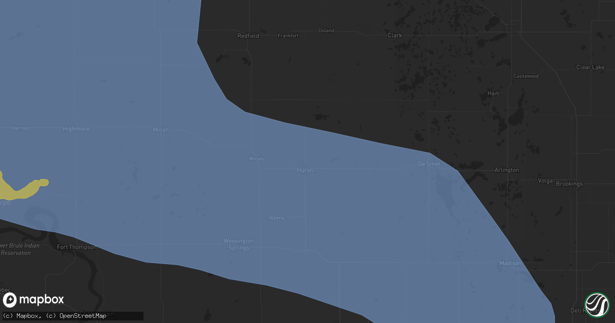 Hail map in Huron, SD on July 9, 2025