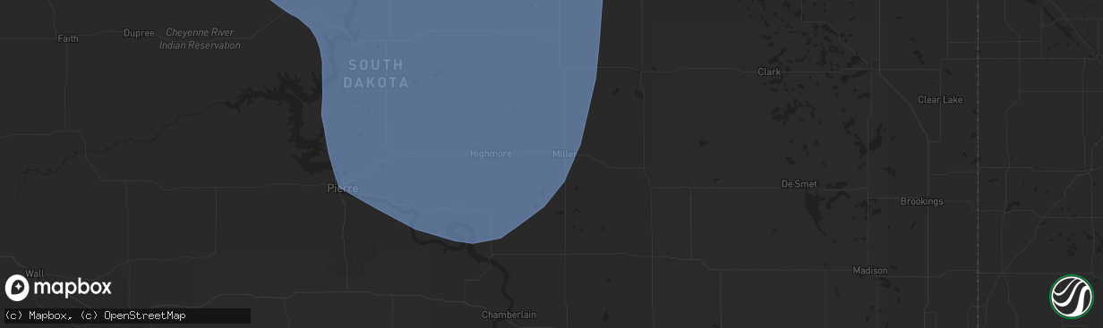 Hail map in Miller, SD on July 9, 2025