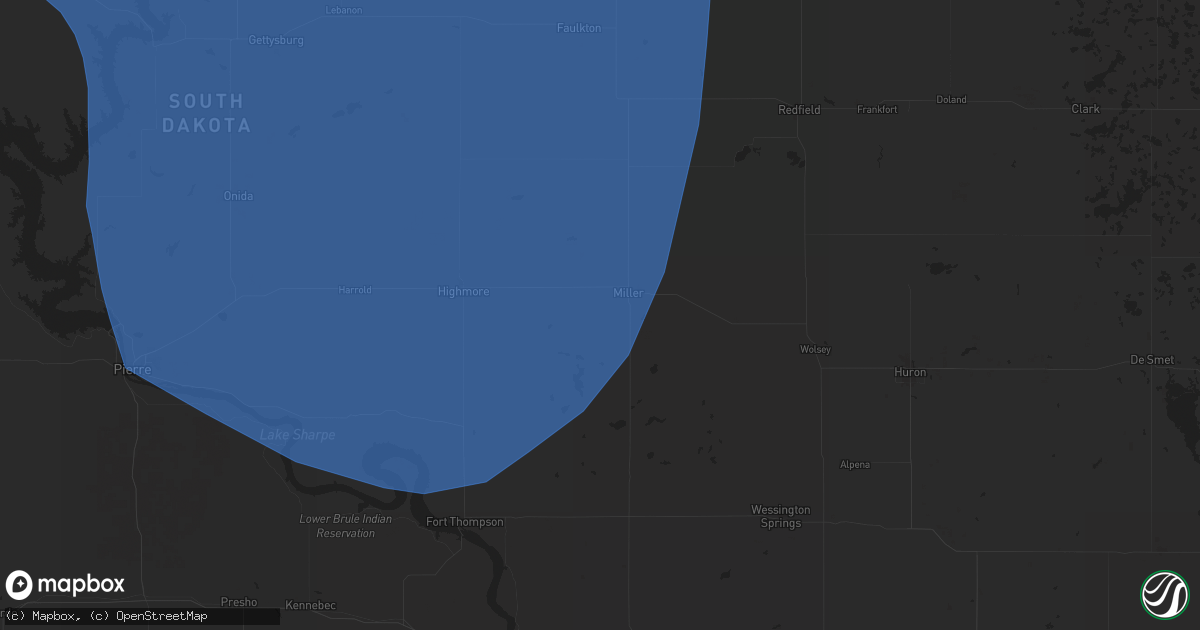 Hail map in Miller, SD on July 9, 2025