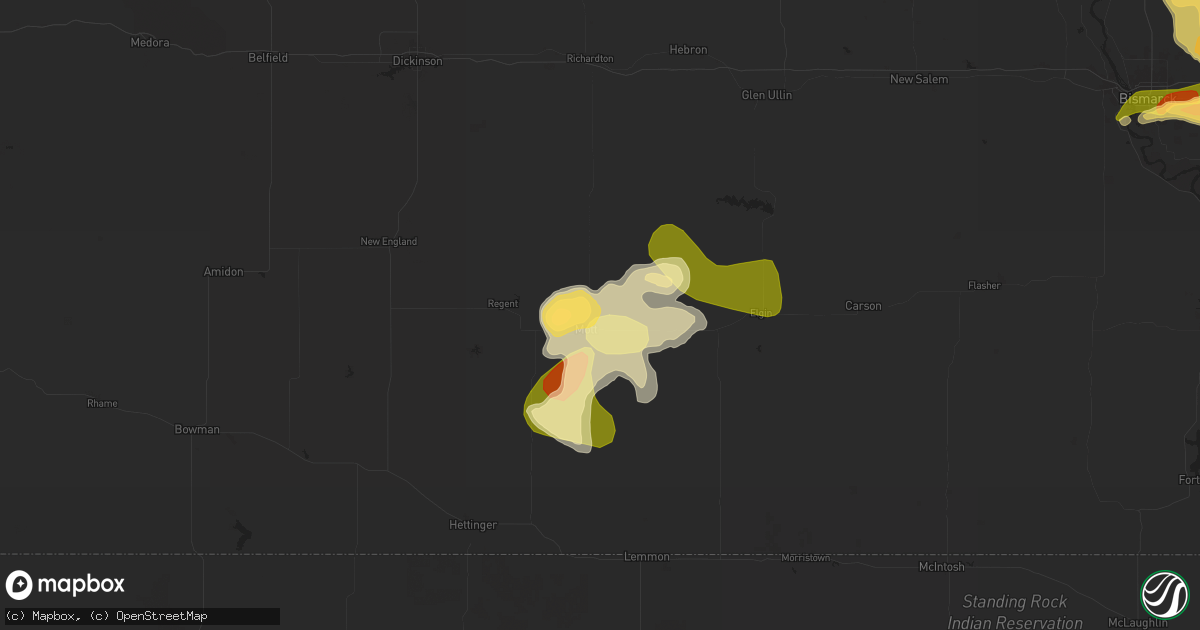 Hail map in Mott, ND on July 9, 2025