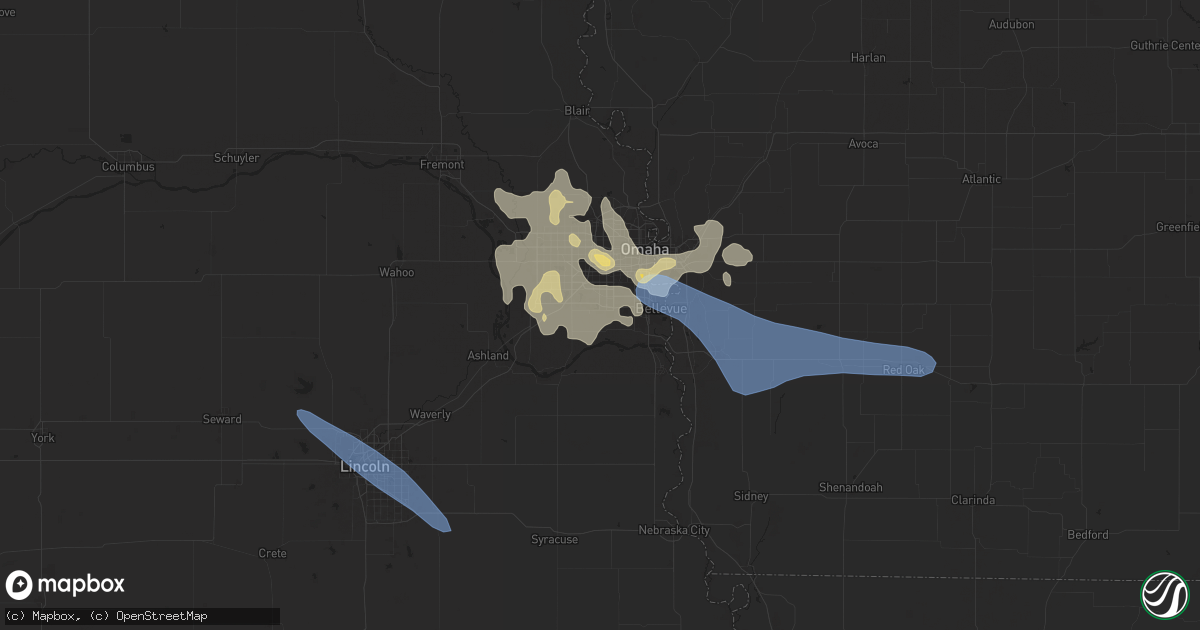 Hail map in Papillion, NE on July 9, 2025