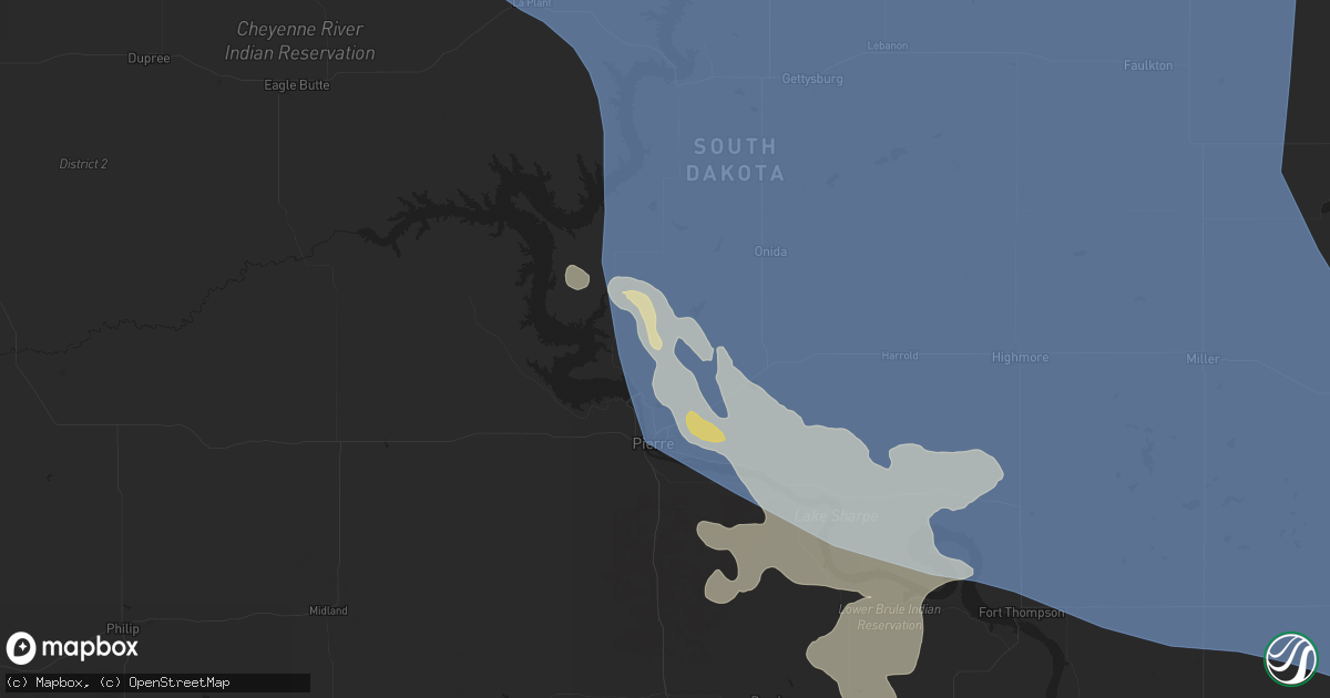 Hail map in Pierre, SD on July 9, 2025