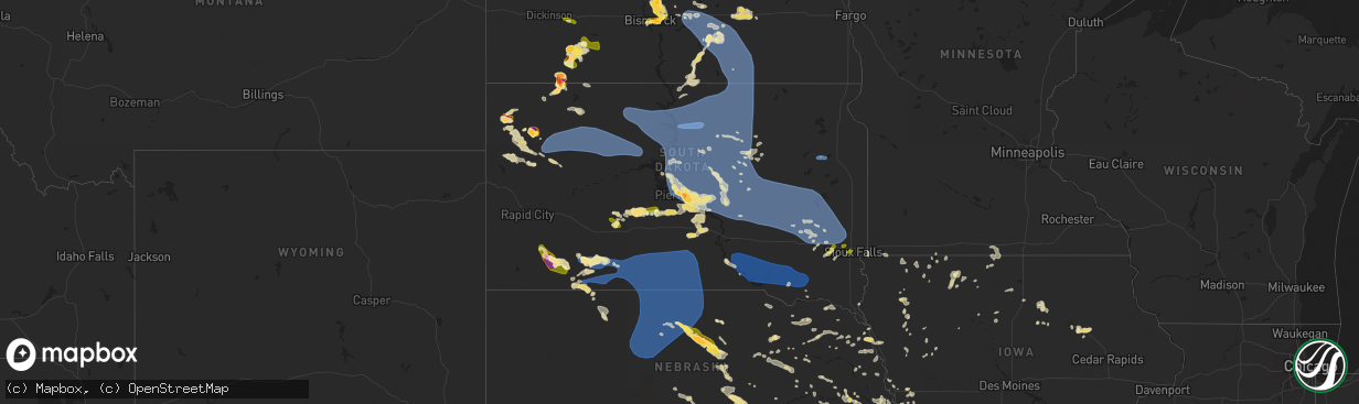 Hail map in South Dakota on July 9, 2025
