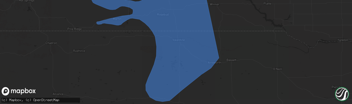 Hail map in Valentine, NE on July 9, 2025