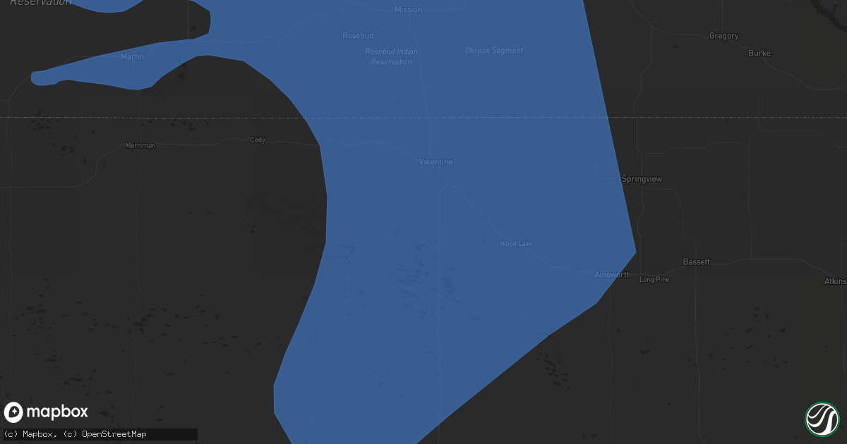Hail map in Valentine, NE on July 9, 2025