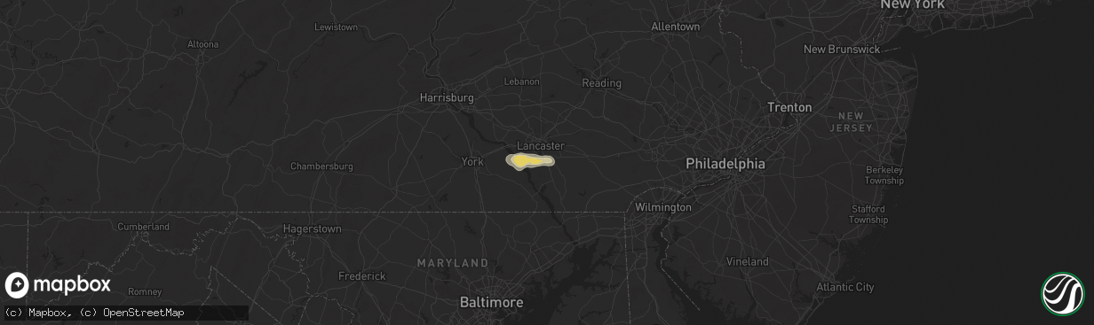 Hail map in Willow Street, PA on July 9, 2025