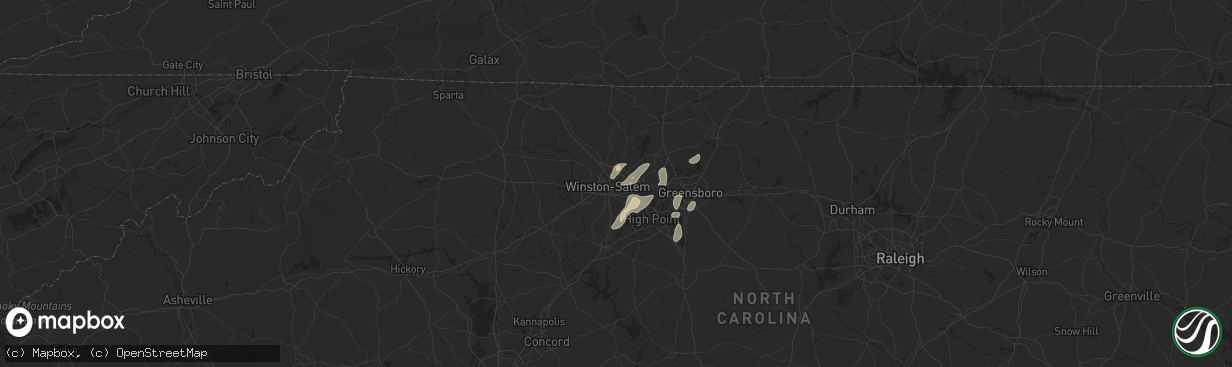 Hail map in Winston Salem, NC on July 9, 2025