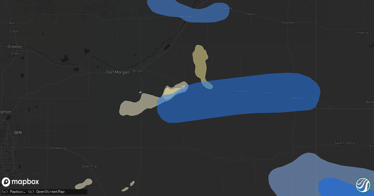 Hail map in Akron, CO on July 9, 2026