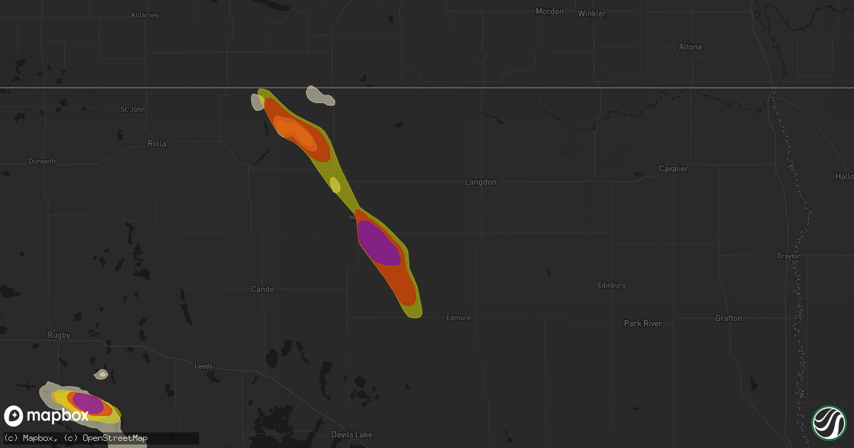 Hail map in Alsen, ND on July 9, 2026