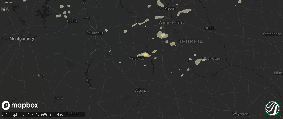 Hail map in Americus, GA on July 9, 2026
