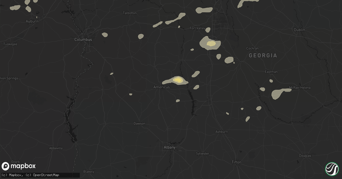 Hail map in Americus, GA on July 9, 2026